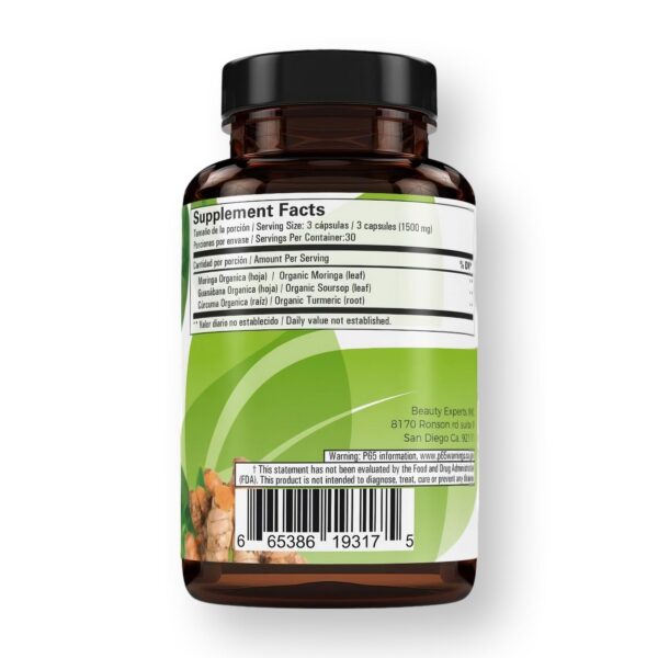 Moringa, Guanabana & Curcuma (Moringa, Soursop, & Turmeric) 90 Capsules 1500 mg per Serving Powerful Blend of 100% Natural Premium Ingredients, Vegetable, cultivada organicamente |organically Grown - Image 3