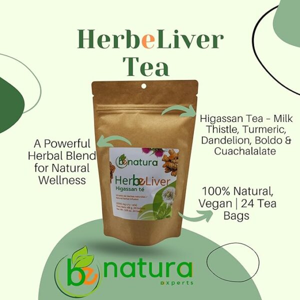 Cardo mariano, curcuma, diente de leon, boldo & cuachalalate TE (Milk thistle, turmeric, dandelion, boldo & cuachalalate) 24 Tea Bags, 100% natural herbal infusion, vegan, higassan te| HerbeLiver support - Image 2