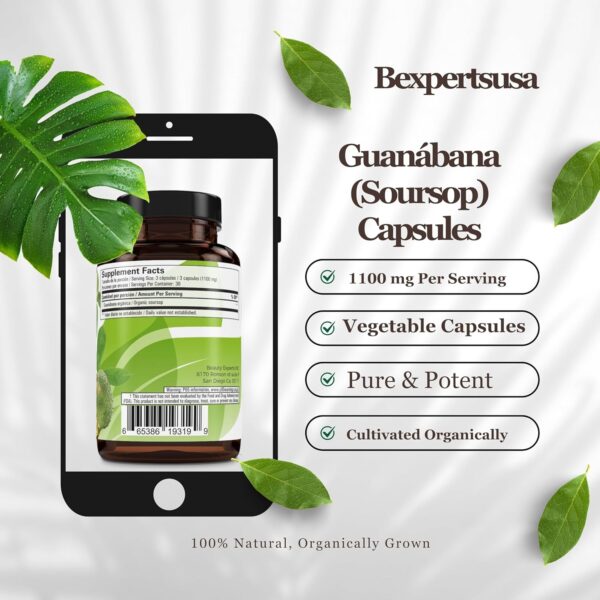 Guanabana (Soursop) 90 Capsules 1100 mg per Serving Powerful Blend of 100% Natural Premium Ingredients, Vegetable, Cultivada Organicamente |Organically Grown - Image 5