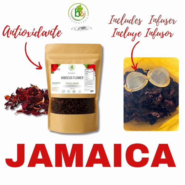 Jamaica Flor – 100% Natural Loose Leaf Hibiscus Tea – 16 oz (1 lb) – Dried Hibiscus Flower Petals – Caffeine-Free – Rich in Antioxidants – Vegan, Non-GMO – Supports Digestion & Hydration – Includes Tea Infuser / Incluye Infusor - Image 2