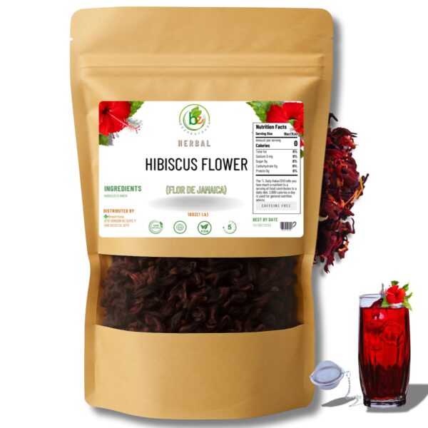 Jamaica Flor – 100% Natural Loose Leaf Hibiscus Tea – 16 oz (1 lb) – Dried Hibiscus Flower Petals – Caffeine-Free – Rich in Antioxidants – Vegan, Non-GMO – Supports Digestion & Hydration – Includes Tea Infuser / Incluye Infusor