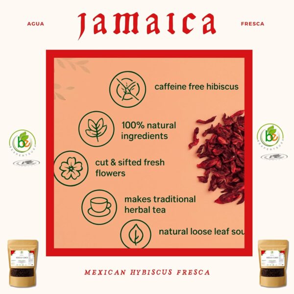 Jamaica Flor – 100% Natural Loose Leaf Hibiscus Tea – 16 oz (1 lb) – Dried Hibiscus Flower Petals – Caffeine-Free – Rich in Antioxidants – Vegan, Non-GMO – Supports Digestion & Hydration – Includes Tea Infuser / Incluye Infusor - Image 3