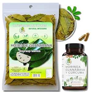 Guanábana Hoja Seca Té (Dried Soursop Leaves Tea) Combo, 4 oz Bag + Moringa, Soursop & Curcuma (Turmeric), 90 Capsules Organically Grown, 1500 mg per Serving – 100% Natural, Vegan, – Powerful Antioxidants