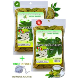 Hojas de Guanábana (Soursop Leaves) – 2 Pack (4 oz Bags) 100% Natural | Vegan | Herbal Tea for Infusion | Includes Infuser/Incluye Infusor, Traditional Latin Herbal Infusion
