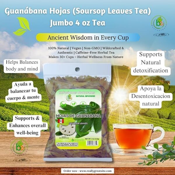 Hojas de Guanábana (Soursop Leaves) – 2 Pack (4 oz Bags) 100% Natural | Vegan | Herbal Tea for Infusion | Includes Infuser/Incluye Infusor, Traditional Latin Herbal Infusion - Image 4