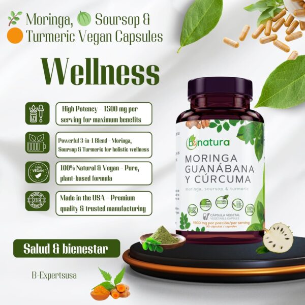 Guanábana Hoja Seca Té (Dried Soursop Leaves Tea) Combo, 4 oz Bag + Moringa, Soursop & Curcuma (Turmeric), 90 Capsules Organically Grown, 1500 mg per Serving – 100% Natural, Vegan, – Powerful Antioxidants - Image 7