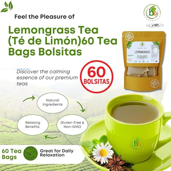 Limón Té (Lemongrass Tea) – 60 Tea Bags – 100% Natural, Vegan, Herbal – Gluten-Free, Non-GMO – by BexpertsUSA - Image 4