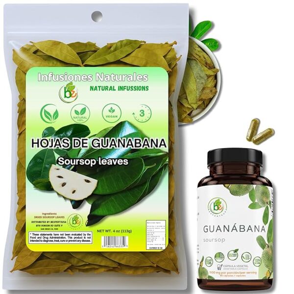 Guanábana Hoja Seca Té (Soursop) Combo – Dried Leaves Tea (4 oz Bag) + Capsules (90 Capsules, 1100 mg per Serving, Organically Grown) – 100% Natural, Vegan, Powerful Antioxidants–by Bexpertsusa