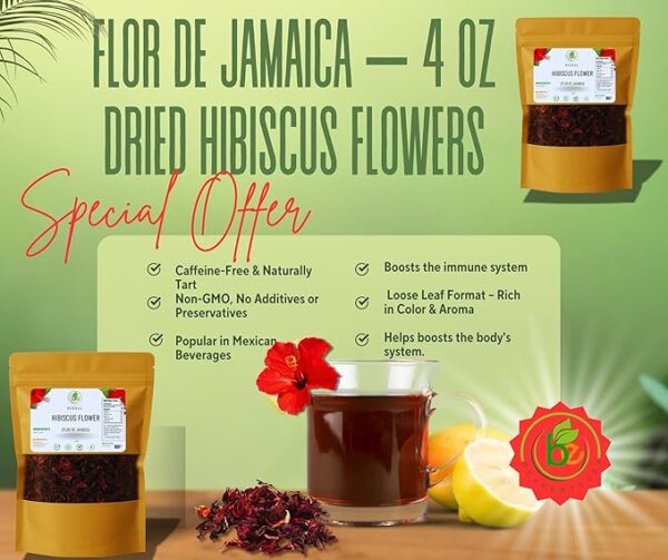 Flor de Jamaica – 4 oz Dried Hibiscus Flowers – Loose Leaf Herbal Tea & Mexican Agua Fresca Ingredient – Whole Flowers & Petals – Cut & Sifted – Caffeine-Free, Non-GMO, No Sugar,100% Natural – by Bexpertsusa - Image 4