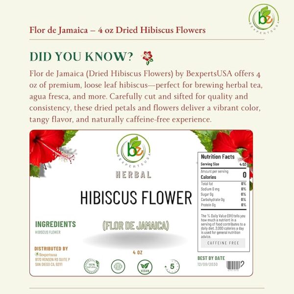 Flor de Jamaica – 4 oz Dried Hibiscus Flowers – Loose Leaf Herbal Tea & Mexican Agua Fresca Ingredient – Whole Flowers & Petals – Cut & Sifted – Caffeine-Free, Non-GMO, No Sugar,100% Natural – by Bexpertsusa - Image 2