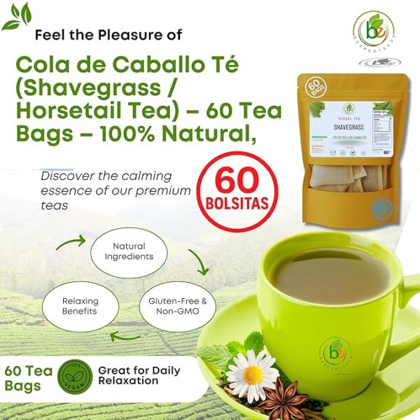 Cola de Caballo Té (Shavegrass/Horsetail Tea) – 60 Tea Bags – 100% Natural, Vegan, Herbal – Gluten-Free, Non-GMO – by Bexpertsusa - Image 3