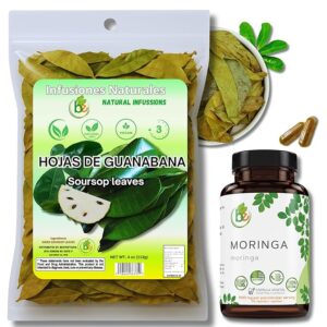 Guanábana Hoja Seca Té (Dried Soursop Leaves Tea) Combo, 4 oz Bag + Moringa 90 Organic Capsules, 1500 mg per Serving – 100% Natural, Vegan, Superfood – Non-GMO, Gluten-Free – Made in USA – Rich in Antioxidants & Essential Amino Acids
