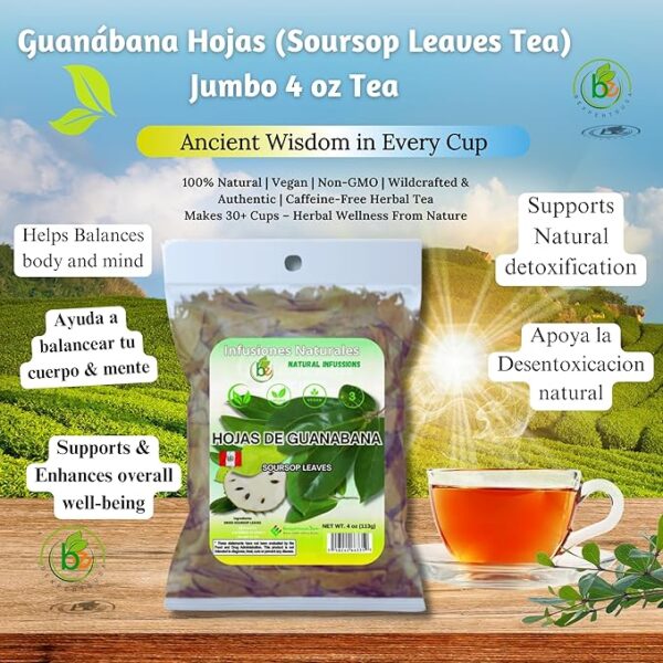 Guanábana Hoja Seca Té (Dried Soursop Leaves Tea) Combo, 4 oz Bag + Moringa, Soursop & Curcuma (Turmeric), 90 Capsules Organically Grown, 1500 mg per Serving – 100% Natural, Vegan, – Powerful Antioxidants - Image 3