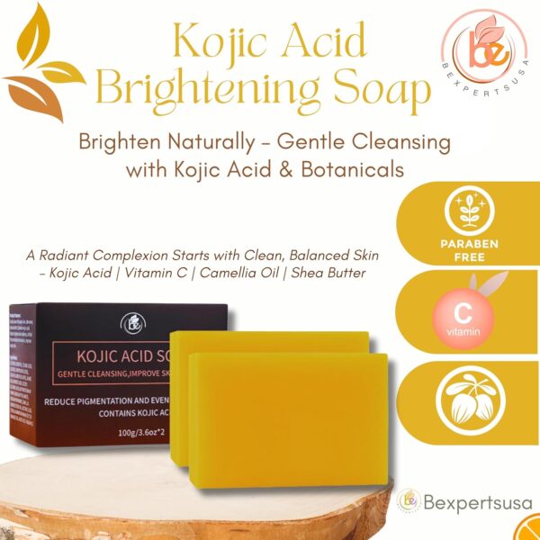 Kojic Acid Brightening Soap–2 Pack(100g Each)Face & Body Cleanser w/Shea Butter, Camellia Oil & Vitamin C,Gently Exfoliates,Evens Tone,Controls Oil,Sensitive,Acne-Prone Skin–Dark spot,All SkinTypes - Image 4