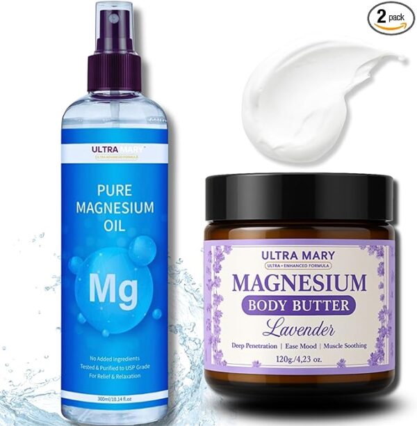 Magnesium Relief Combo|Pure Magnesium Oil Spray(300ml)+Magnesium Body Butter(4.23oz) USP Grade,Rapid Absorption,Lavender Cream|Joint & Muscle Support–Natural,Kid-Friendly Topical Duo (Músculos)