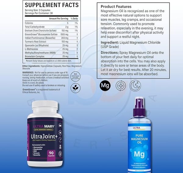 Joint Support UltraMary+(90 Capsules)+Pure Magnesium Oil Spray(300 ml) Combo–Glucosamine 1500mg, Chondroitin, MSM,Turmeric & Boswellia–Mobility, Flexibility & Muscle Relief|Articulaciones & Músculos - Image 3