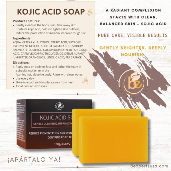 Kojic Acid Brightening Soap–2 Pack(100g Each)Face & Body Cleanser w/Shea Butter, Camellia Oil & Vitamin C,Gently Exfoliates,Evens Tone,Controls Oil,Sensitive,Acne-Prone Skin–Dark spot,All SkinTypes - Image 2