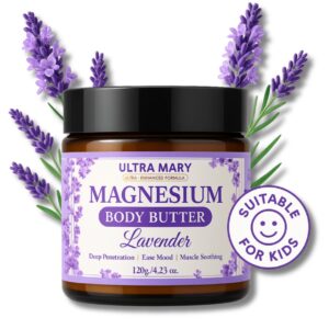 Magnesium Body Butter 4.23oz – Nighttime Lavender Cream – Natural & Vegan Lotion with Shea Butter, Jojoba Oil, Coconut Extract & Dandelion – Topical Relief for Muscle Tension – Kid-Friendly