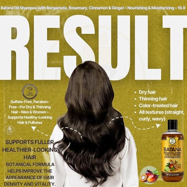 Batana Oil Shampoo w/Bergamota,Rosemary, Cinnamon,Aloe Vera & Ginger–Nourishing & Moisturizing–16.9 fl oz,Salt-Free,Paraben-Free,For Dry & Thinning Hair,Unisex,Supports Healthy-Looking Hair & Fullness - Image 5