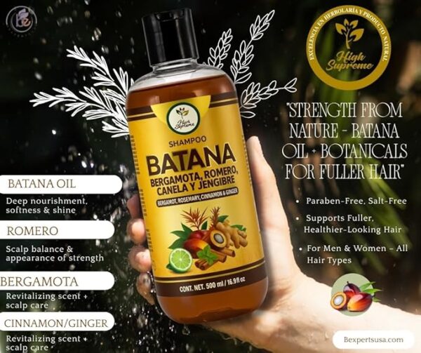 Batana Oil Shampoo w/Bergamota,Rosemary, Cinnamon,Aloe Vera & Ginger–Nourishing & Moisturizing–16.9 fl oz,Salt-Free,Paraben-Free,For Dry & Thinning Hair,Unisex,Supports Healthy-Looking Hair & Fullness - Image 6