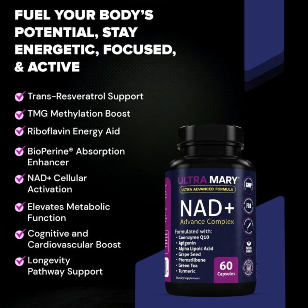 NAD+ Resveratrol Supplement – Longevity Formula with Nicotinamide Adenine Dinucleotide with CoQ10, Apigenin & Turmeric Anti-Ageing Formula for Men & Women – 60 Capsules - Image 2