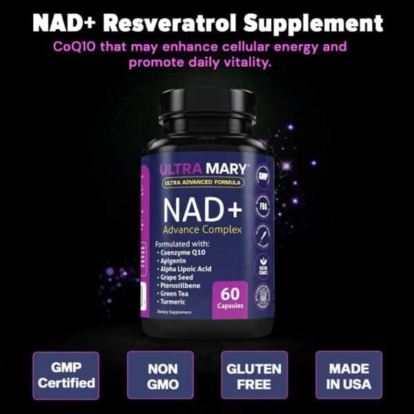 NAD+ Resveratrol Supplement – Longevity Formula with Nicotinamide Adenine Dinucleotide with CoQ10, Apigenin & Turmeric Anti-Ageing Formula for Men & Women – 60 Capsules - Image 3